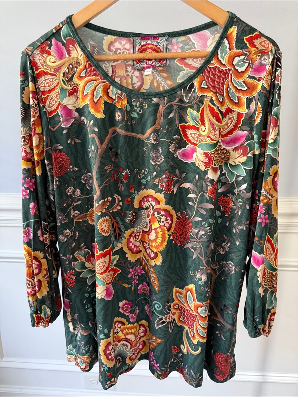 Johnny Was Janie Favorite Tunic Top Womens XL Green Floral Bohemian Shirt